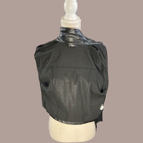 Black Faux Leather Cropped Button Down Lightweight Jacket - Picture 10 of 13